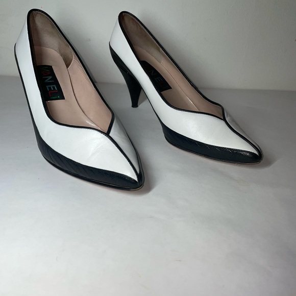Van Eli Vintage Leather Heels Sz 6.5 Italy black and white pumps - Picture 1 of 8